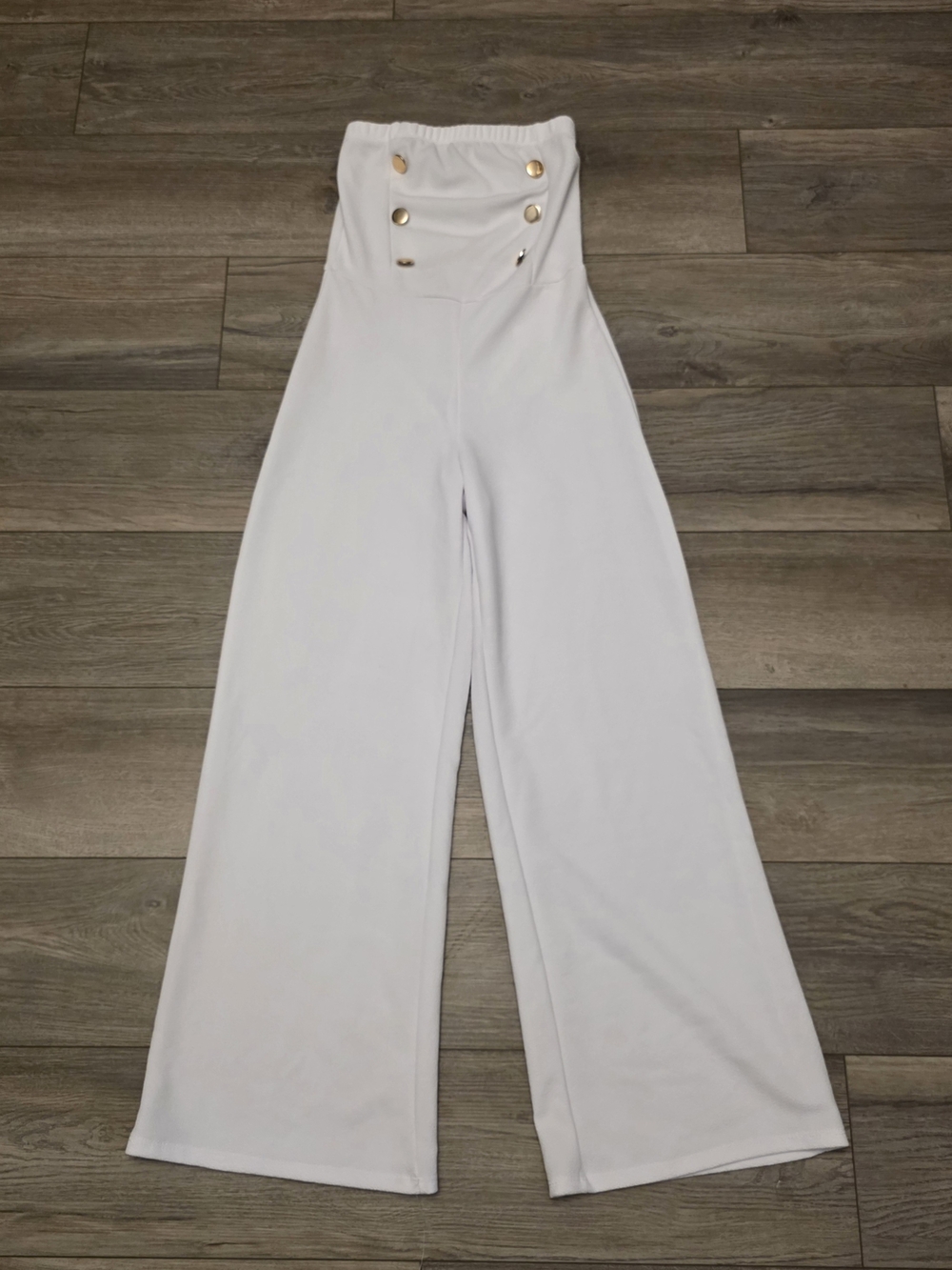 Vtg Jumpsuit B Famous USA Strapless Nautical Button Wide-Leg Jumpsuit — White